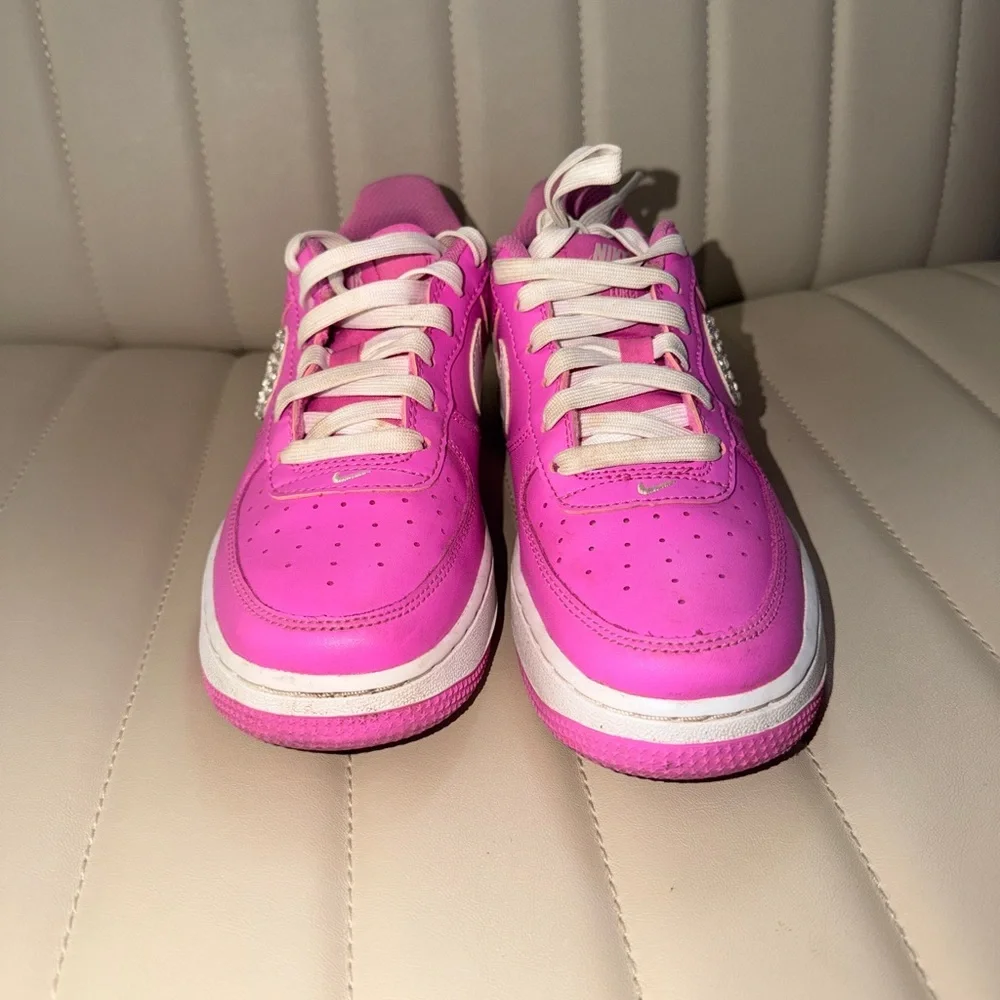 Pink Y2K Bedazzled Nike Sneakers with Rhinestone Swoosh on outside 4Y Barbiecore